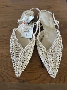 Zara Cream Woven Pointed Slingback Heels